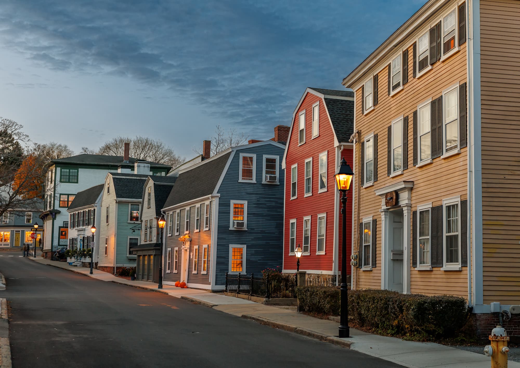 State Street, Old Town Marblehead — colorful colonial buildings at dusk